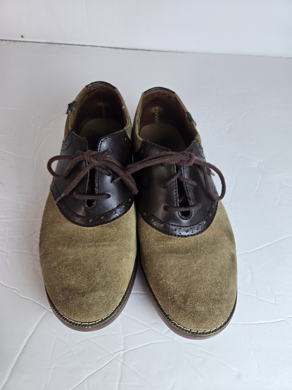 Varsity Two-Tone Suede and Leather Oxfords in Olive and Dark Brown